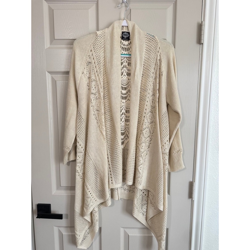 Calstyle Cardigan Womens XL Cream Open Front Crochet Boho Sharkbite Hem Cottage‎